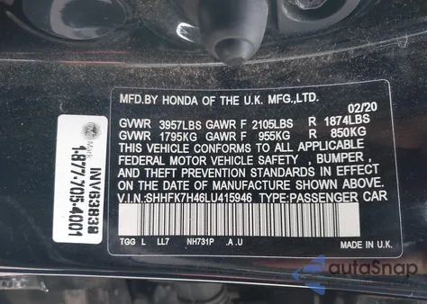 2020 Honda Civic Sport from USA, damaged, VIN SHHFK7H46LU415946